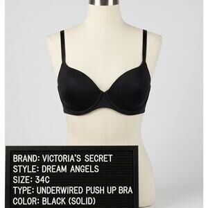 Victoria's Secret 34C Bra Black Dream Angels Push Up Without Padding Underwire